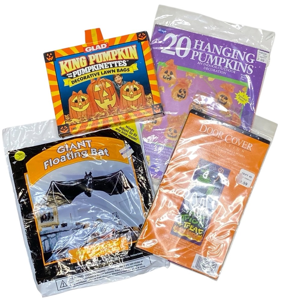 Vintage 90’s Halloween Decor Trash Bags Door Cover Bat Pumpkins Witch Plastic